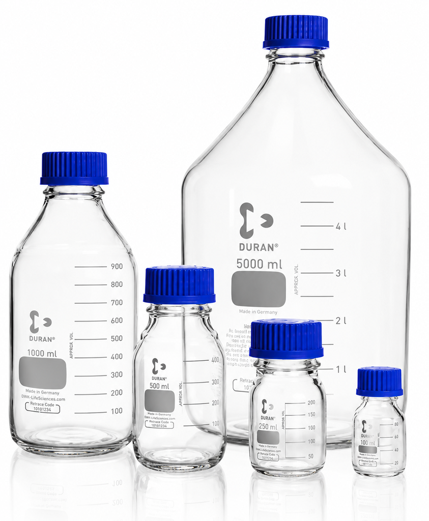  DURAN® GLS 80 Laboratory glass bottle, wide neck, clear glass, with screw cap and pouring ring (PP), 500 ml EACH