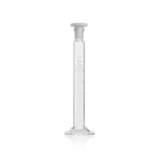  DURAN® Mixing cylinder, hexagonal base, class B, white graduation, NS 14/23, octagonal PE-stopper, 25 ml EACH