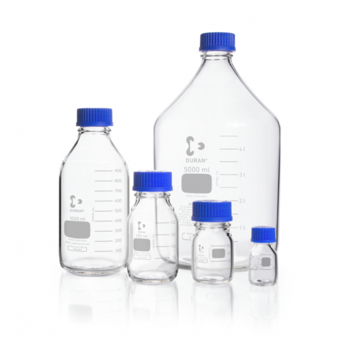  DURAN® Laboratory bottle, clear, graduated, GL 45, with screw-cap and pouring ring (PP), 150 ml EACH