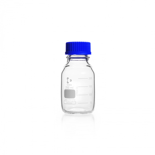 DURAN® Laboratory bottle, clear, graduated, GL 45, with screw-cap and pouring ring (PP),  250 ml EACH