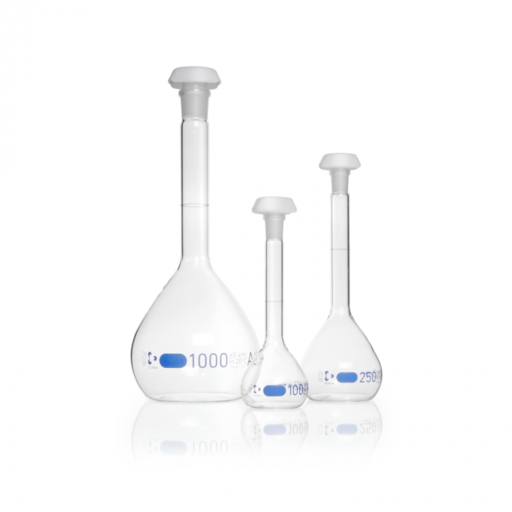  DURAN® Volumetric flask, blue graduation, class A, batch certificate, with one graduation mark, polyethylene stopper, NS 19/26, 500 ml EACH