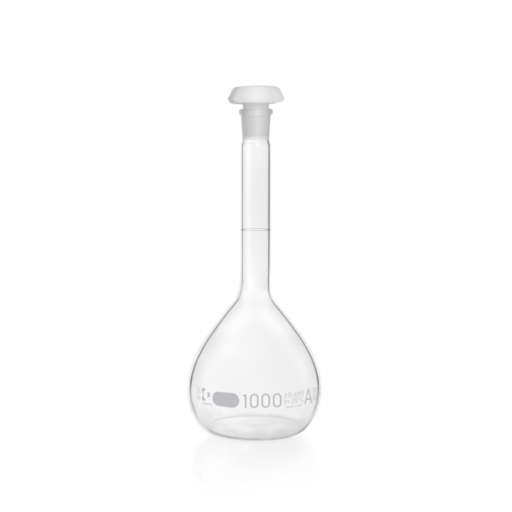 DURAN® Volumetric flask, blue graduation, class A, batch certificate, with one graduation mark, polyethylene stopper, NS 24/29, 1000 ml EACH