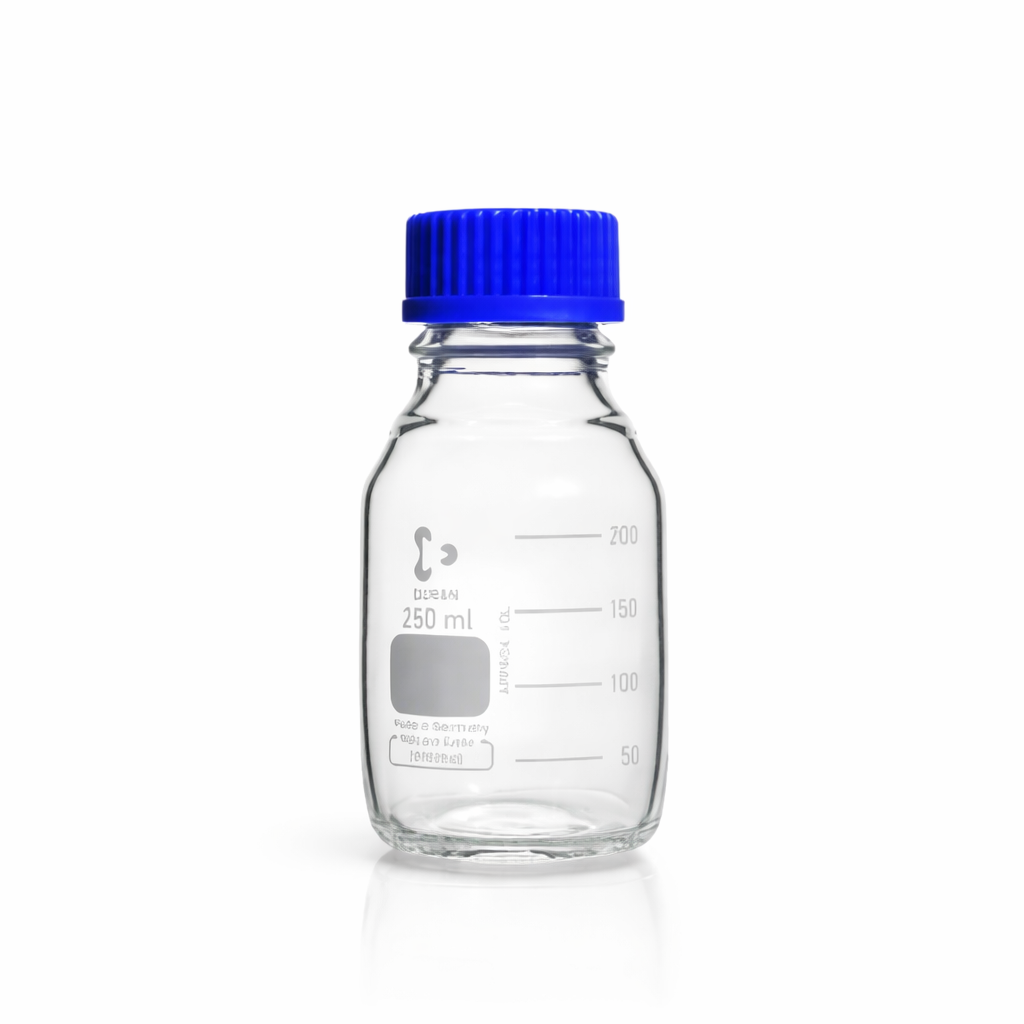 DURAN® Laboratory bottle, clear, graduated, GL 45, with screw-cap and pouring ring (PP), 250 ml 10 Pack