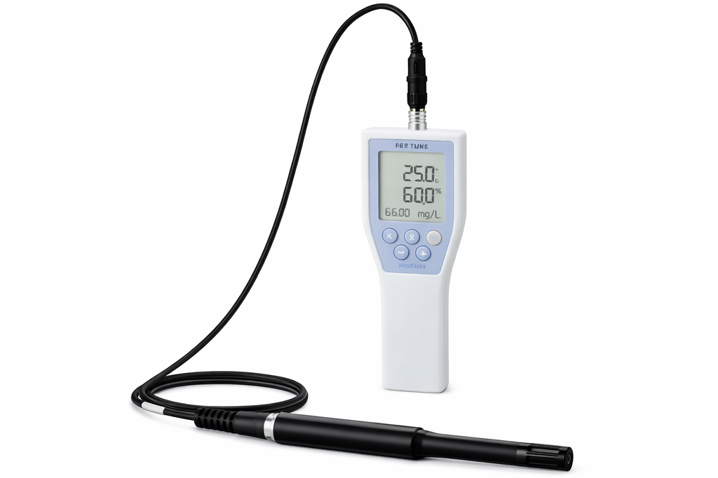 "Digital Thermohygrometer SK-110TRH-B-EX w/ No. 8141-30 Telescoping Probe Model S110TRH-30 (Range: −20 to 80°C, 5 to 95%rh), 2 AAA alkaline batteries, neck strap"