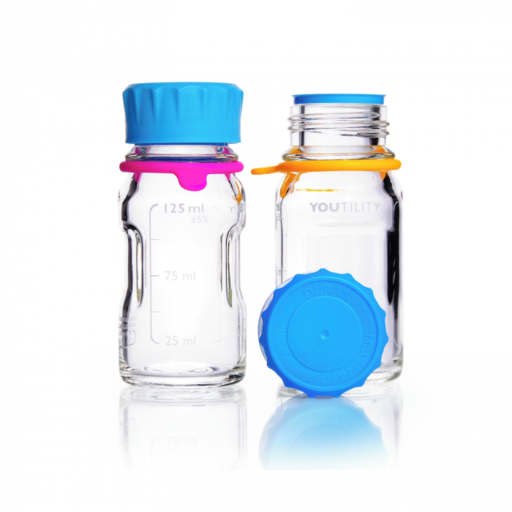  DURAN® YOUTILITY Bottle GL45, clear, with Screw cap, pouring ring, and Bottle tag, 125 ml EACH