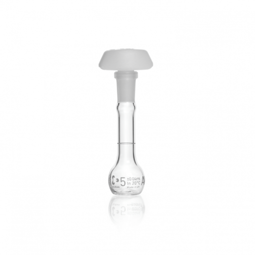  DURAN® Volumetric flask, blue graduation, class AW, batch certificate, with one graduation mark, polyethylene stopper, NS 10/19, 5 ml EACH