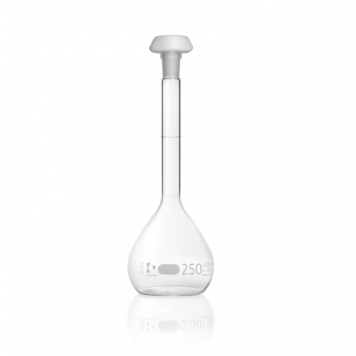  DURAN® Volumetric flask, blue graduation, class A, batch certificate, with one graduation mark, polyethylene stopper, NS 14/23, 250 ml EACH